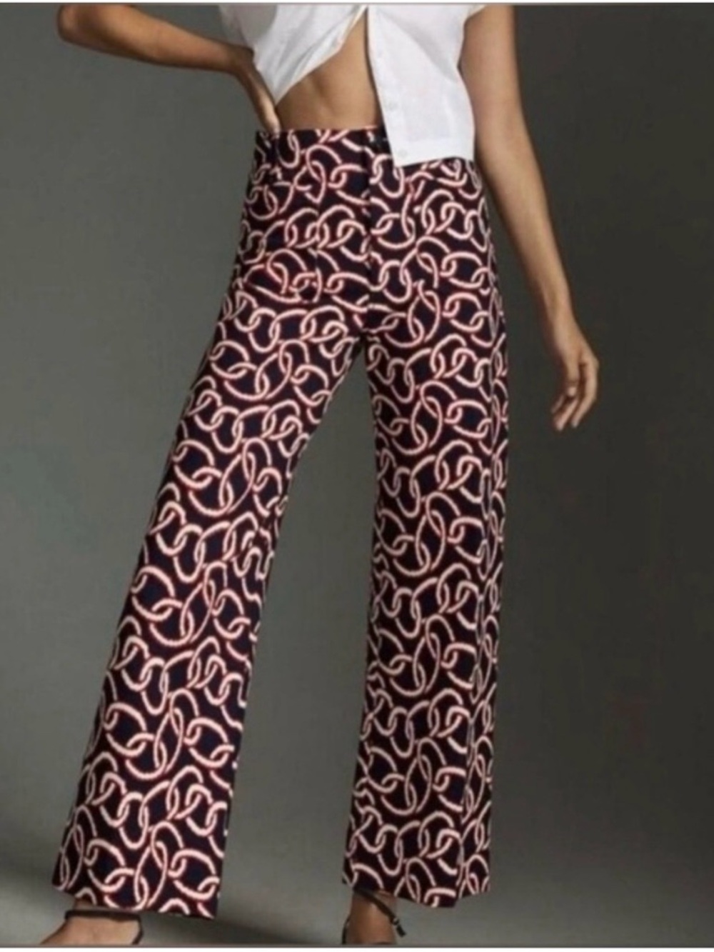Anthropologie Maeve Navy Pants with Red and White Rope Print